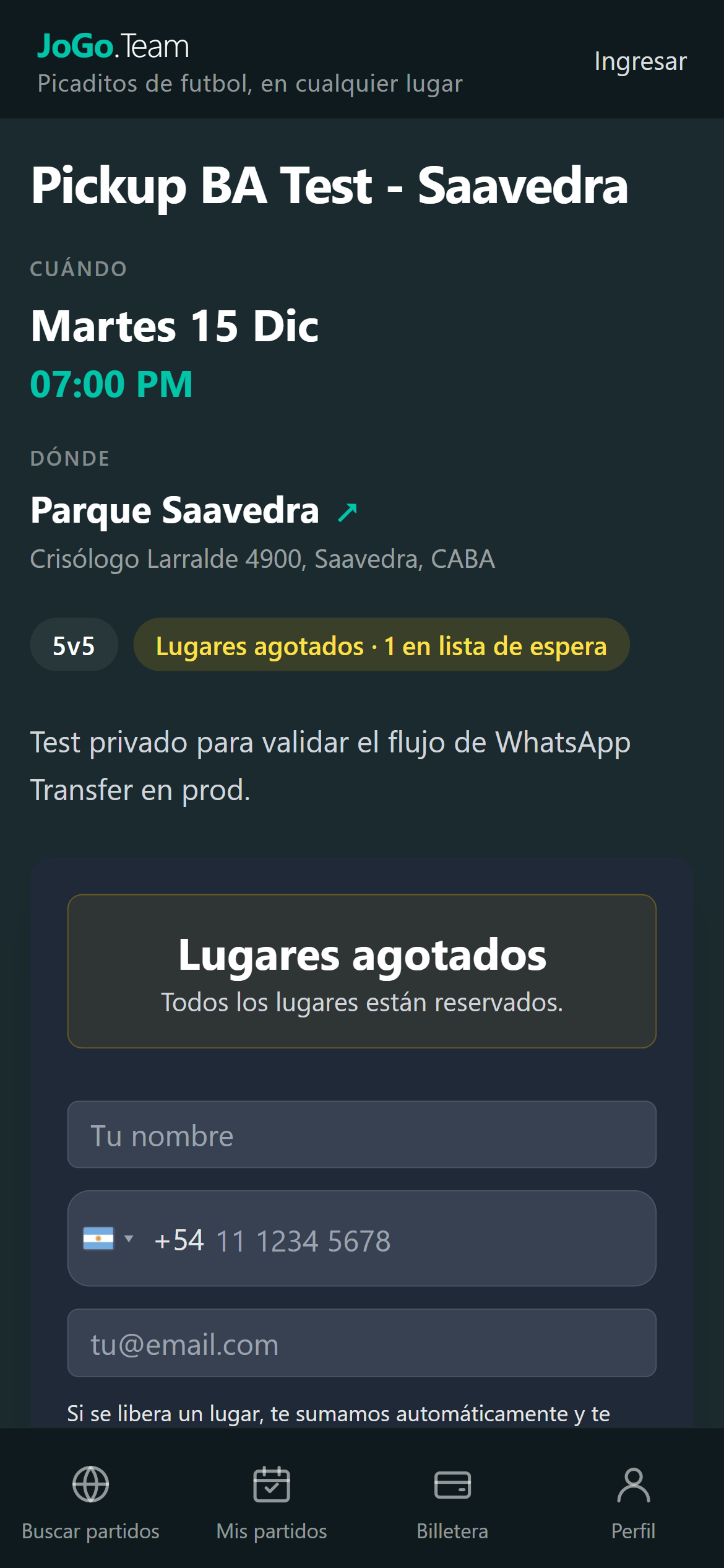 Página del partido en jogo.team