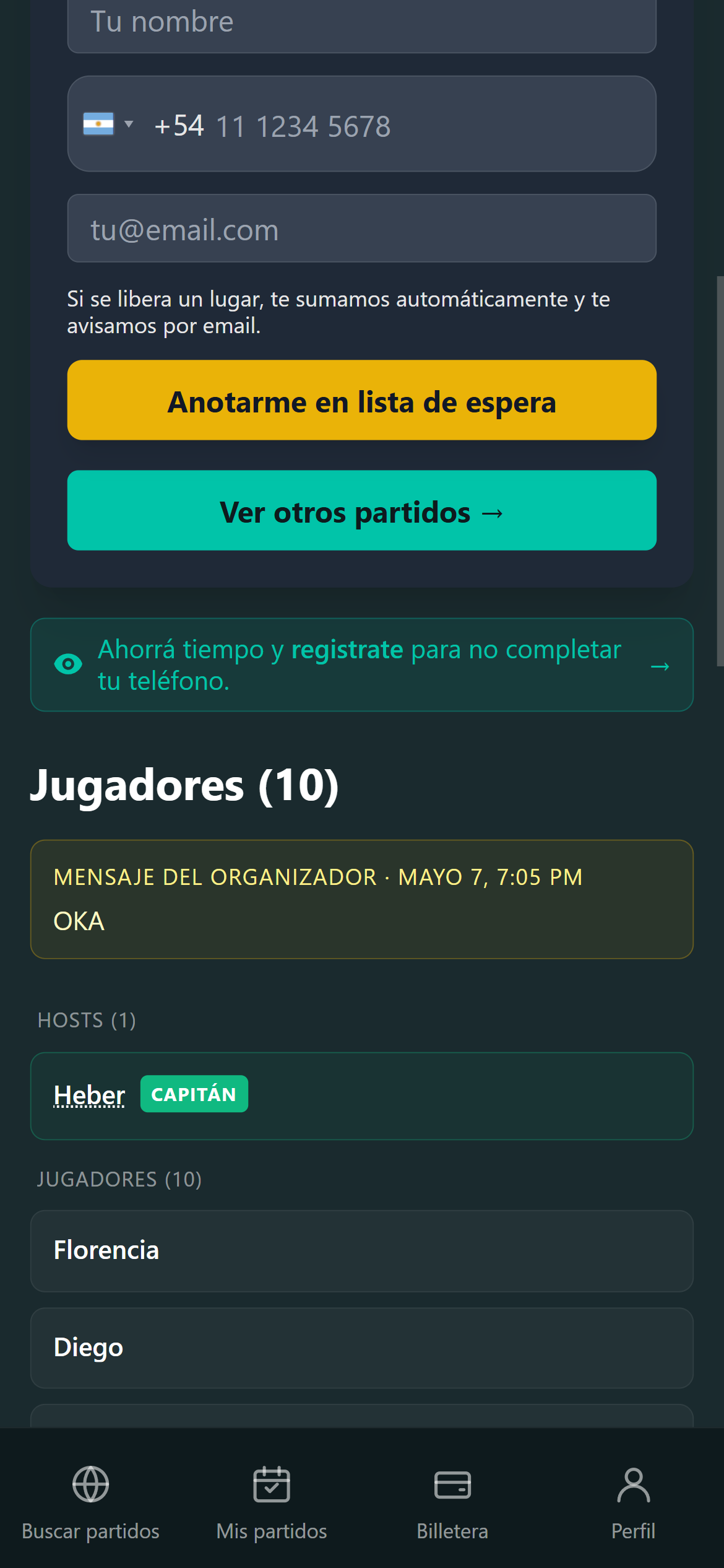 Formulario de RSVP en jogo.team